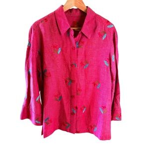 Hearts of‎ Palm Women's Flamingo Embroidered Button Down Shirt Linen Blend Sz 14